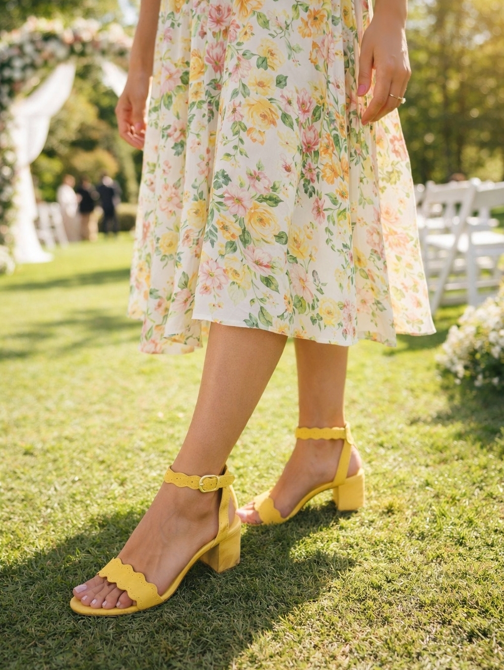Alex Marie Yellow Scalloped Ankle-Strap Block Heels